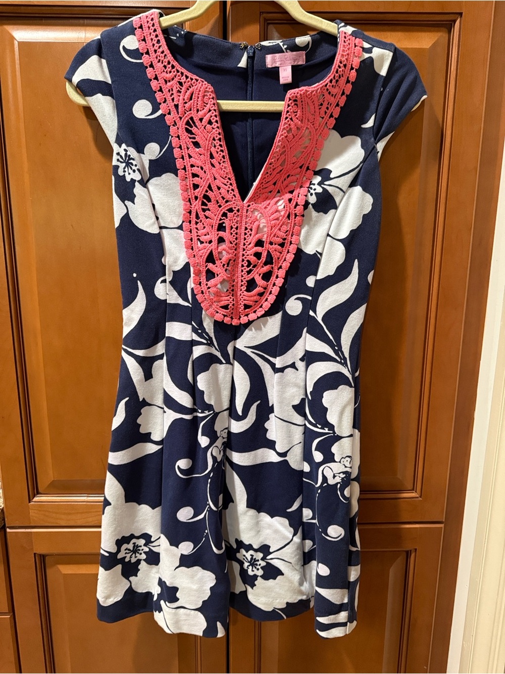 Lily Pulitzer Briella Navy & White Floral Dress with Coral Crochet Trim
